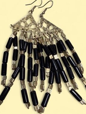 Plunder Black and Gold Beaded Fringe Earrings